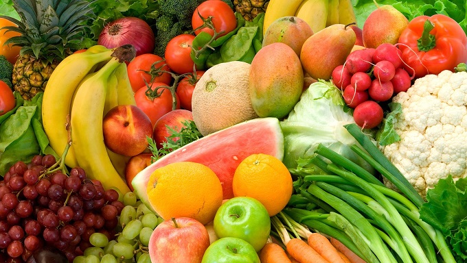 This is a close-up of vegetables and fruits.